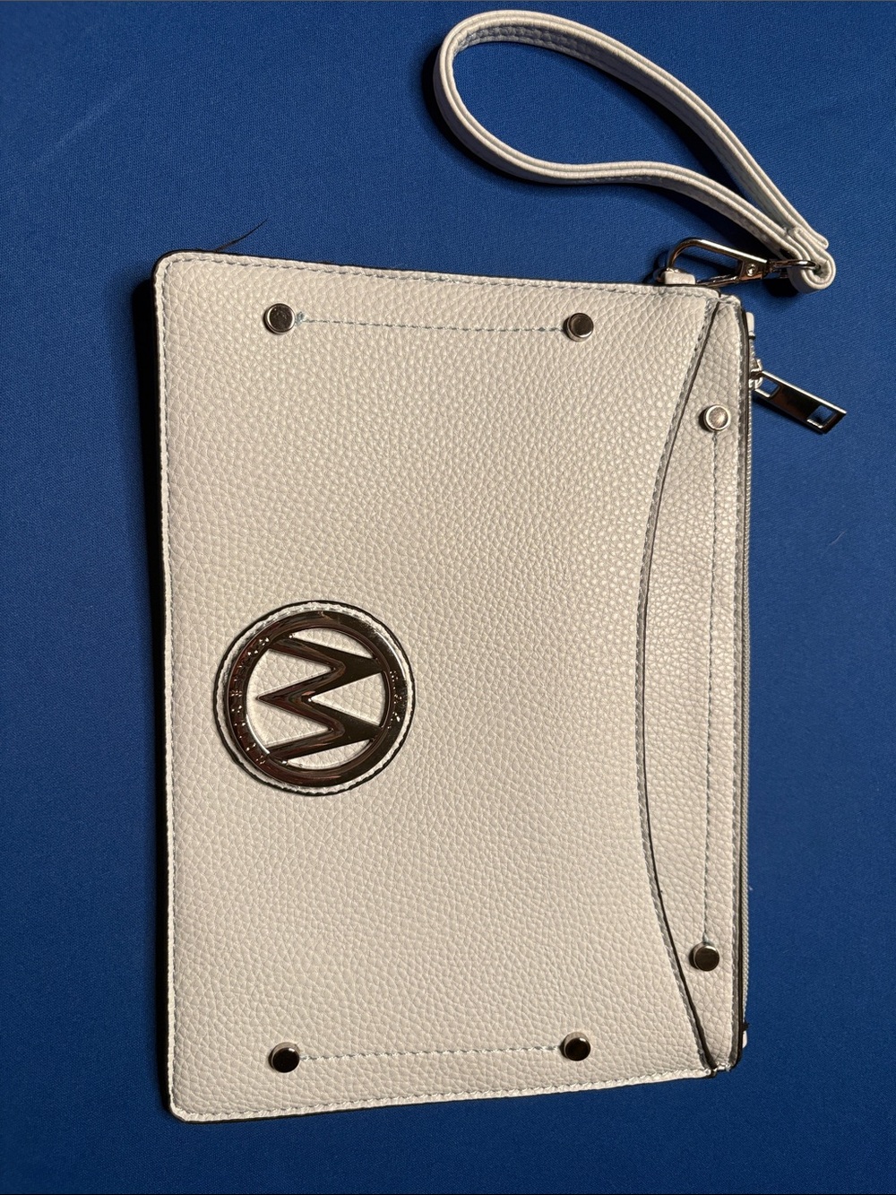 White Leather Wristlet Clutch with Silver Logo